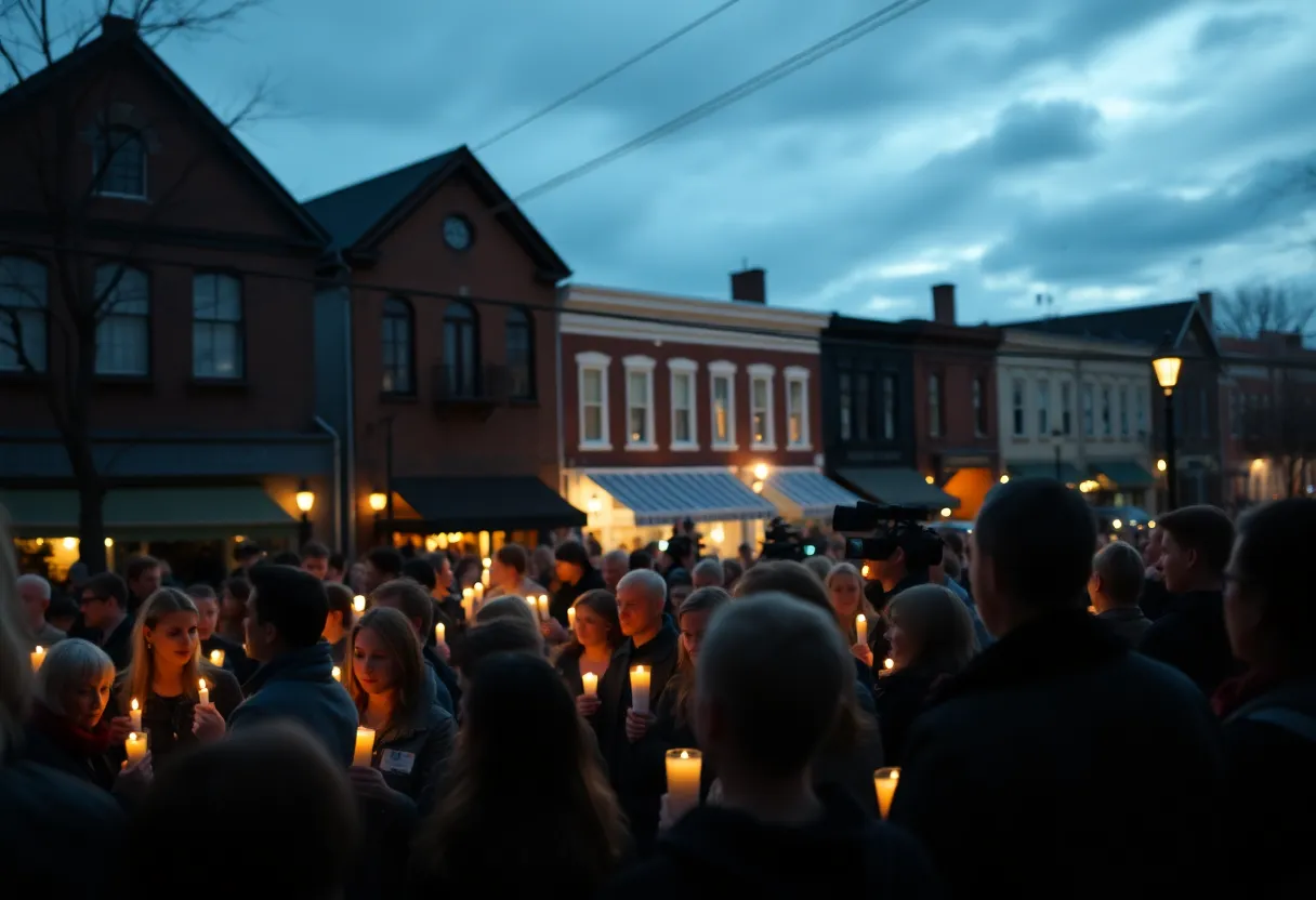 Candlelit vigil in a small town square with attendees and journalists keeping distance