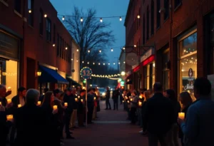 Candlelit vigil in downtown Franklin with silhouetted attendees holding candles near historic brick storefronts at dusk