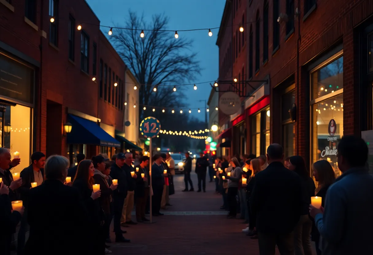 Candlelit vigil in downtown Franklin with silhouetted attendees holding candles near historic brick storefronts at dusk