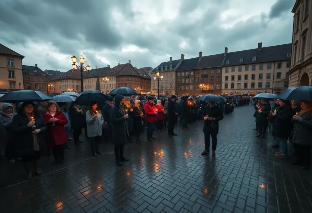 Crowd holding candles and umbrellas at Franklin Town Square under a cloudy evening sky