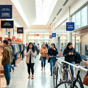 Shoppers browsing sales racks and a coffee kiosk inside a bright suburban mall