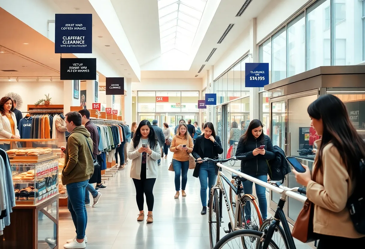 Shoppers browsing sales racks and a coffee kiosk inside a bright suburban mall