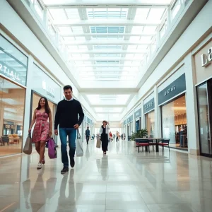 Interior view of The Mall at Green Hills showing Nordstrom-style entrance, luxury boutiques and shoppers with bags