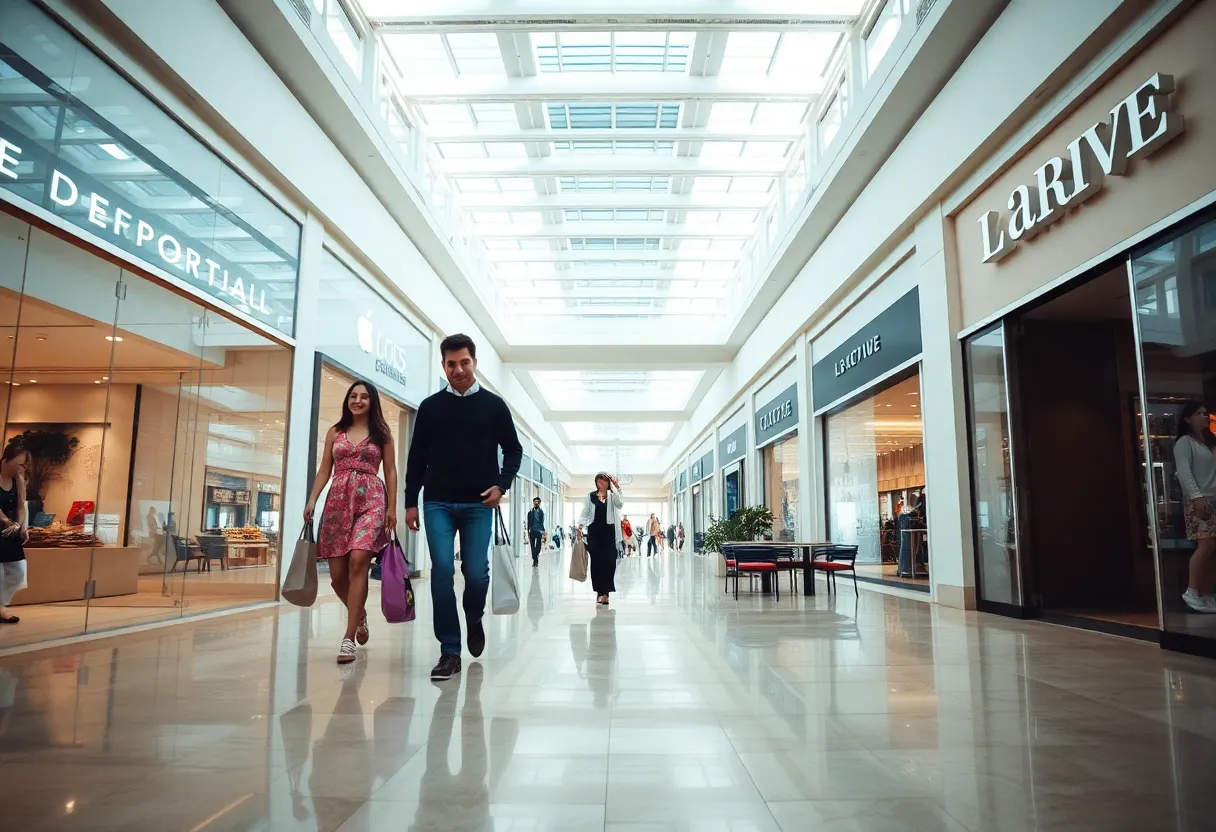 Interior view of The Mall at Green Hills showing Nordstrom-style entrance, luxury boutiques and shoppers with bags
