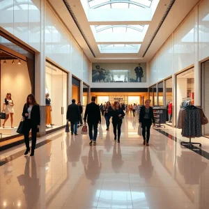 Shoppers browsing designer stores inside an upscale mall with polished tiles and stylish window displays.