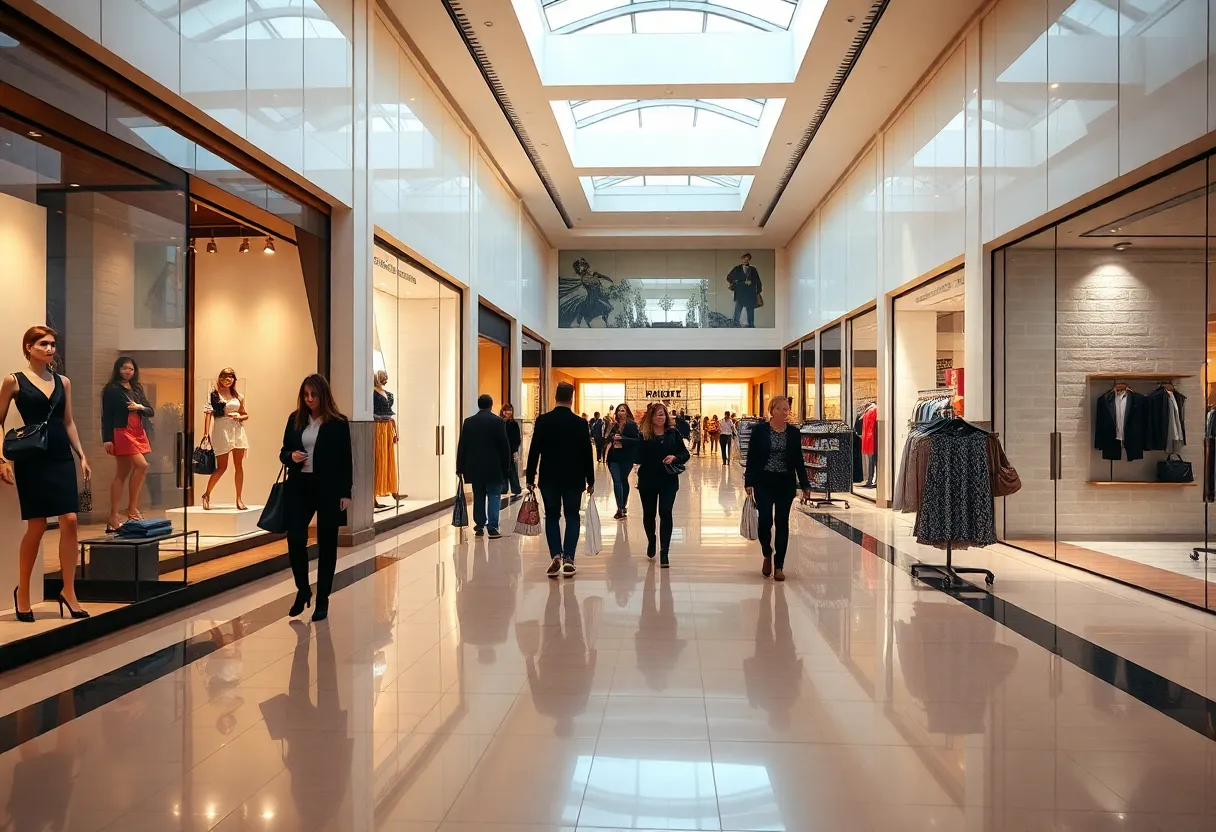 Shoppers browsing designer stores inside an upscale mall with polished tiles and stylish window displays.