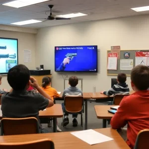 Students participating in a gun safety training program in a classroom