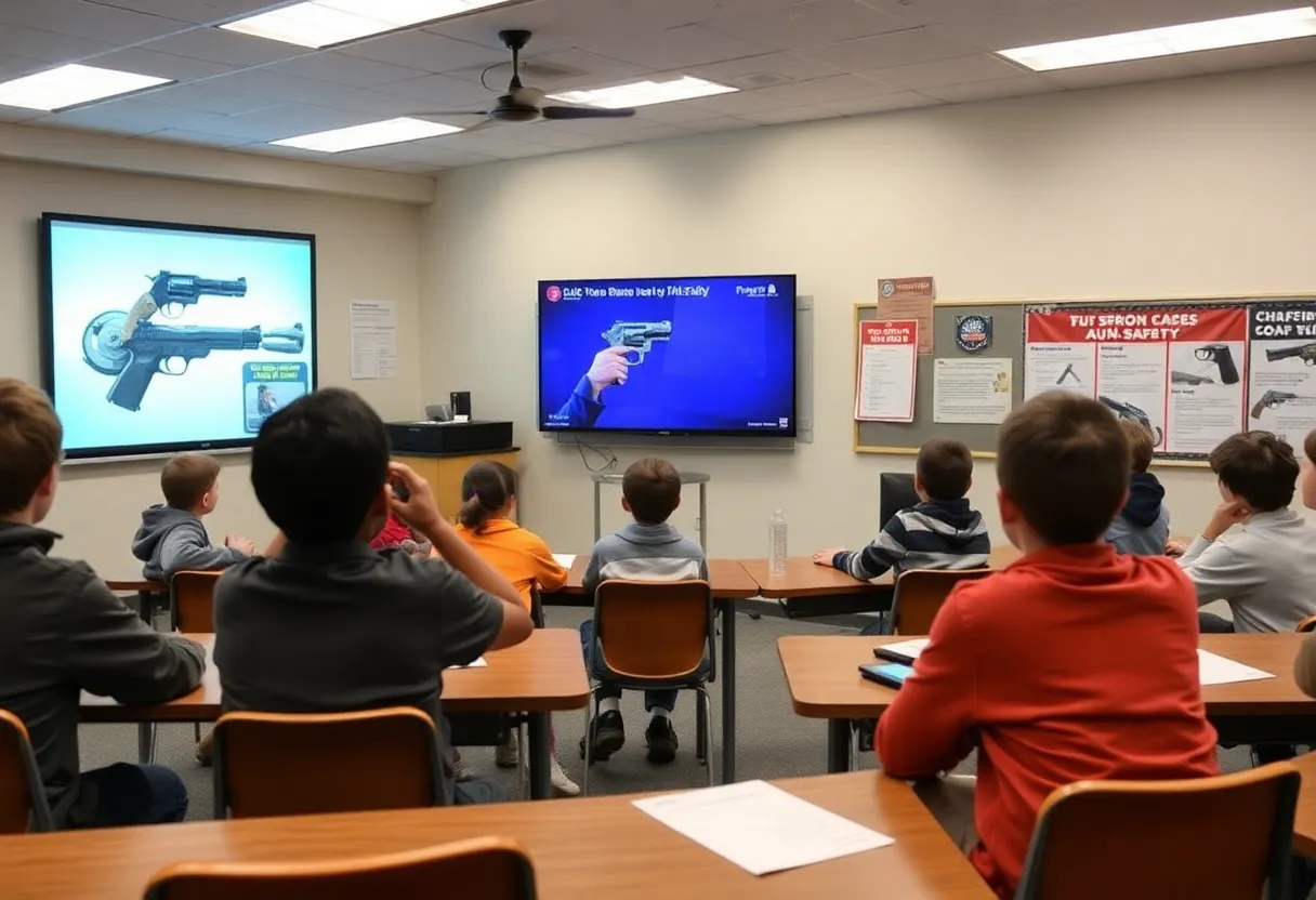 Students participating in a gun safety training program in a classroom