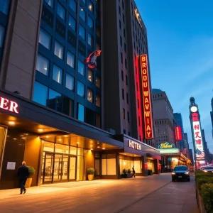 Exterior view of a downtown hotel near neon-lit Broadway and a nearby music museum at dusk