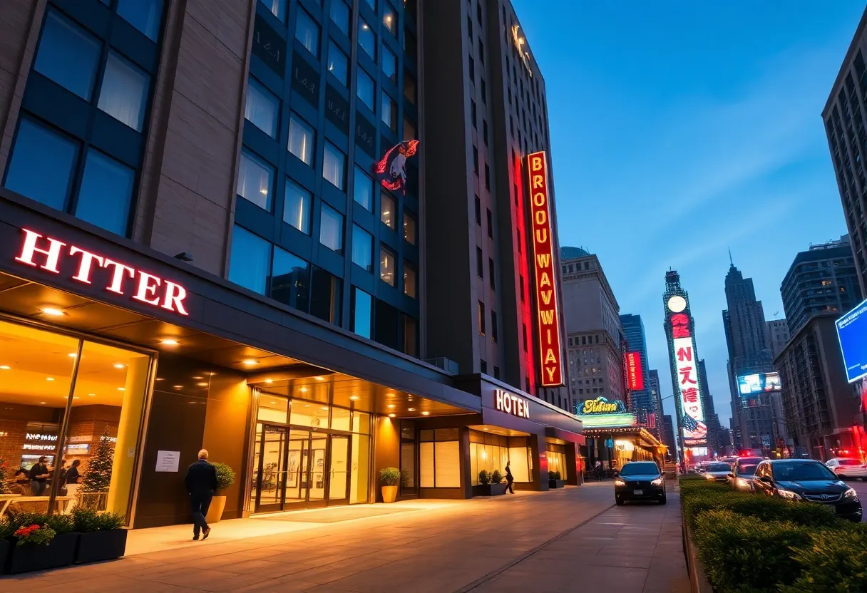 Exterior view of a downtown hotel near neon-lit Broadway and a nearby music museum at dusk