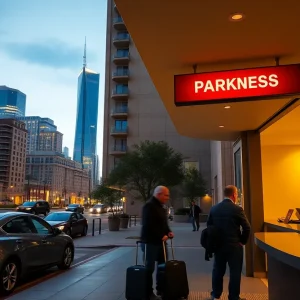 Hotel entrance with valet cars, parking sign, and front desk at a downtown hotel