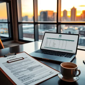 Contract on clipboard and laptop in hotel sales office with Nashville skyline visible through window