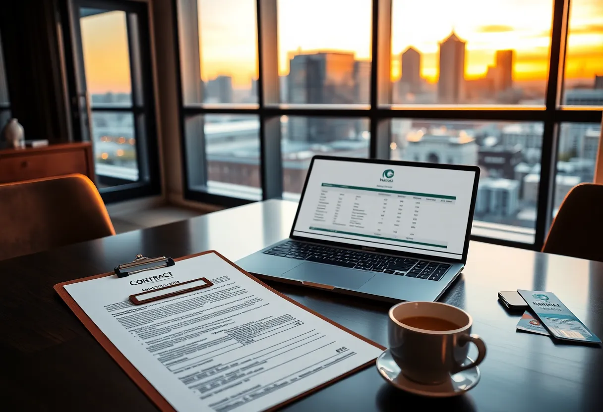 Contract on clipboard and laptop in hotel sales office with Nashville skyline visible through window