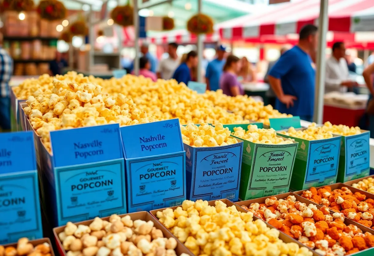 Display of colorful popcorn flavors at Nashville Farmers' Market