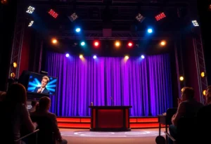 Set of a late-night talk show with colorful lights