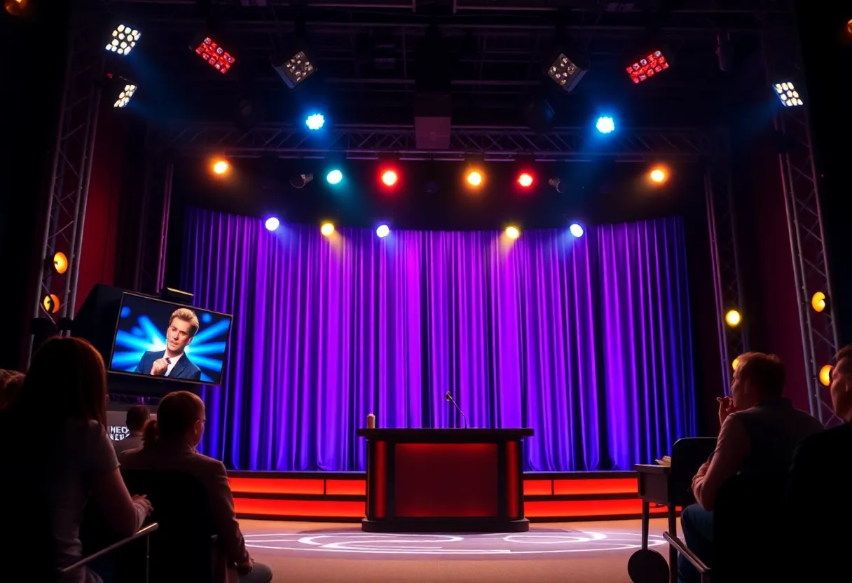 Set of a late-night talk show with colorful lights