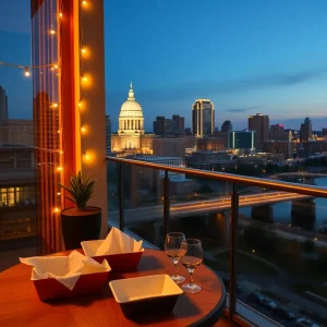 Hotel balcony picnic with Nashville skyline at twilight