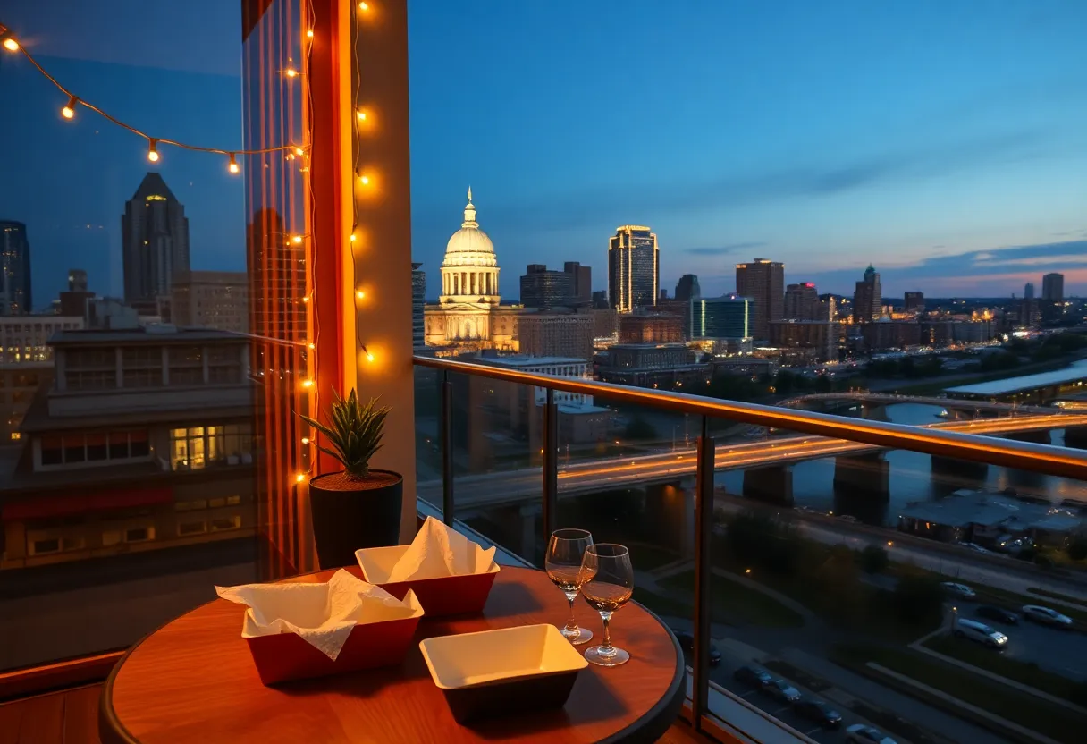 Hotel balcony picnic with Nashville skyline at twilight