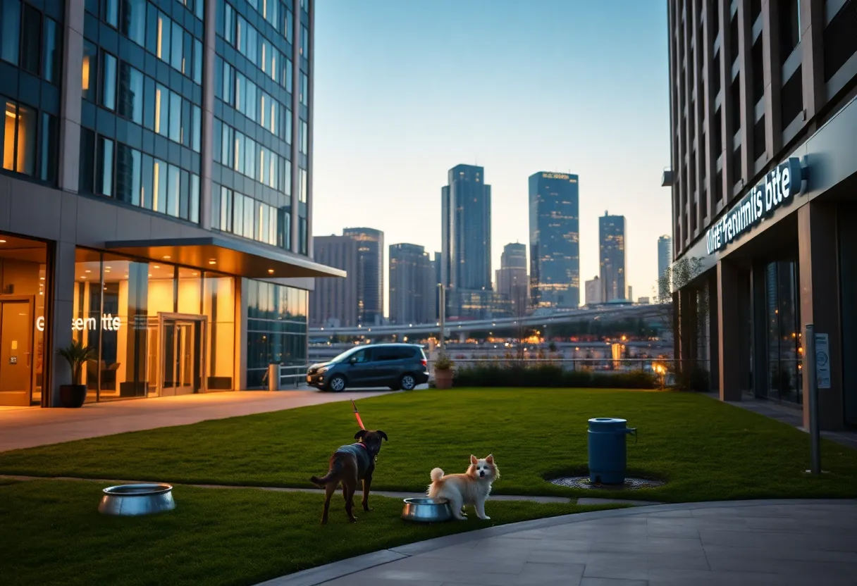 Small dog and cat near pet bowls at a pet-friendly area outside a downtown hotel with Nashville skyline in the background