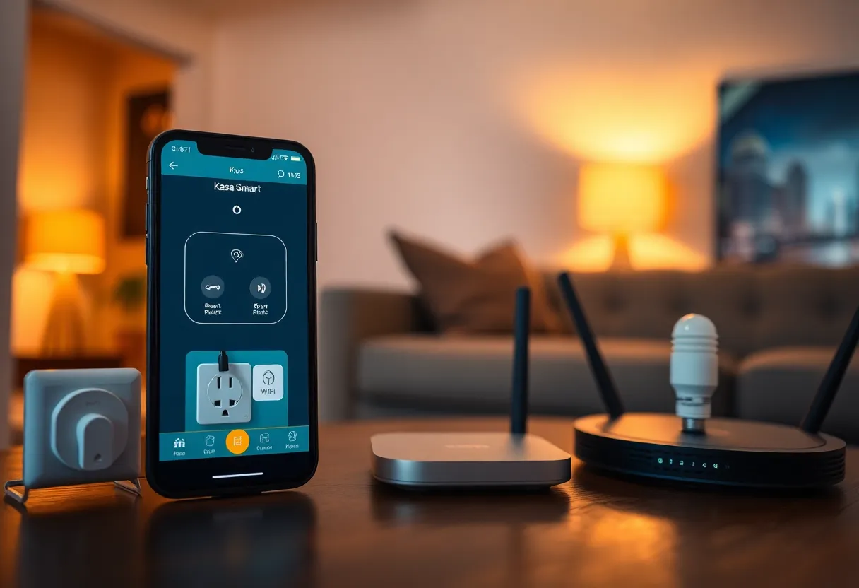 Smartphone showing the Kasa Smart app with smart plug and Wi‑Fi router in a Nashville apartment