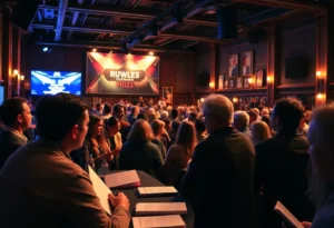 A lively audience at a concert venue during a book tour event