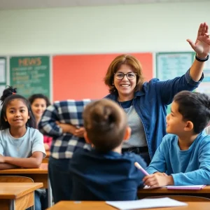 A classroom filled with engaged students and a teacher