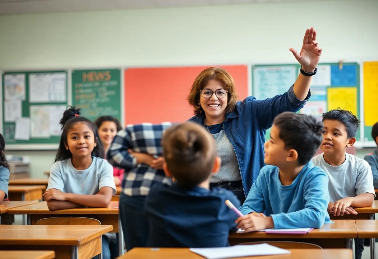A classroom filled with engaged students and a teacher