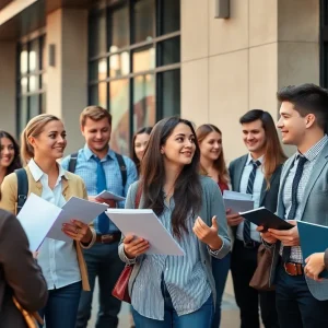 Group of diverse recent graduates networking outside a Nashville office building