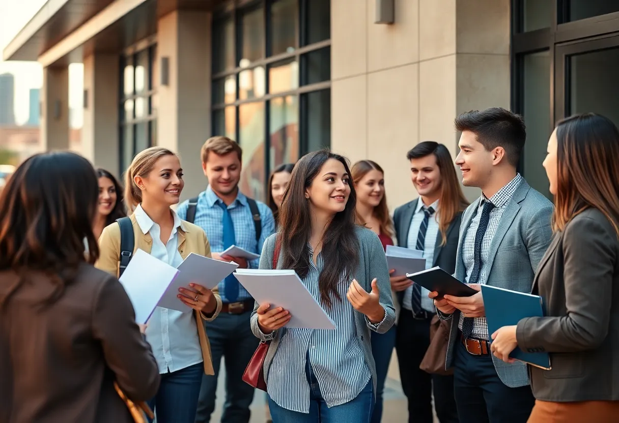 Group of diverse recent graduates networking outside a Nashville office building