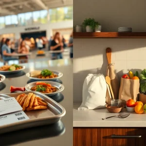 Split image of college dining hall meals and groceries in a kitchen representing meal plans versus cooking