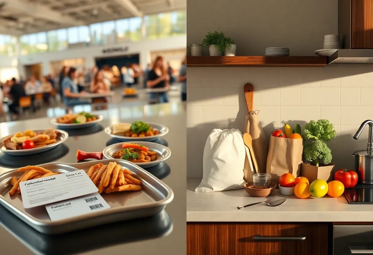 Split image of college dining hall meals and groceries in a kitchen representing meal plans versus cooking