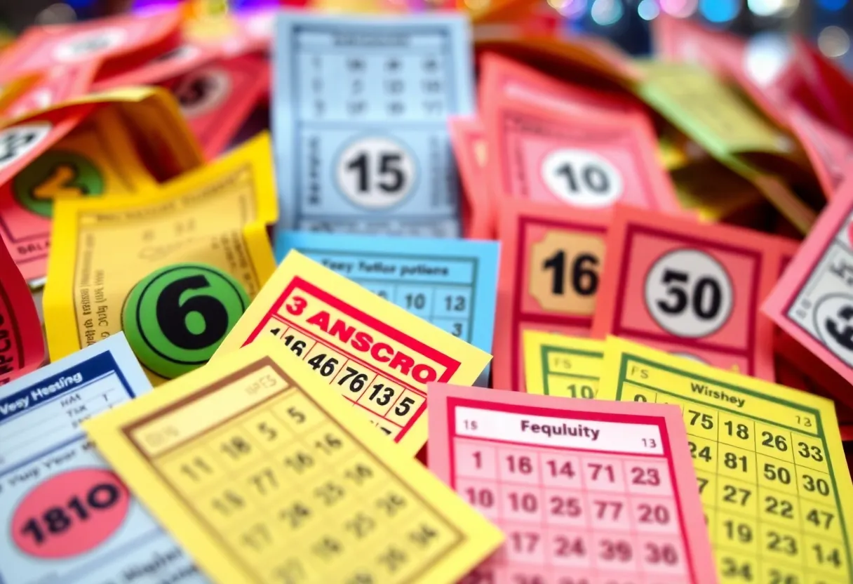 Colorful display of lottery tickets with winning numbers