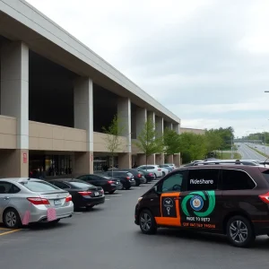 Parking garage and rideshare drop-off at Mall at Green Hills with shoppers and cars