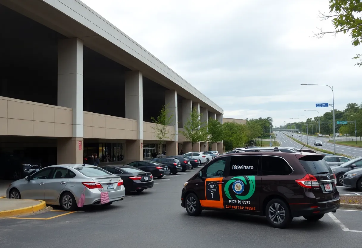 Parking garage and rideshare drop-off at Mall at Green Hills with shoppers and cars