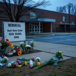Memorial with flowers outside Antioch High School