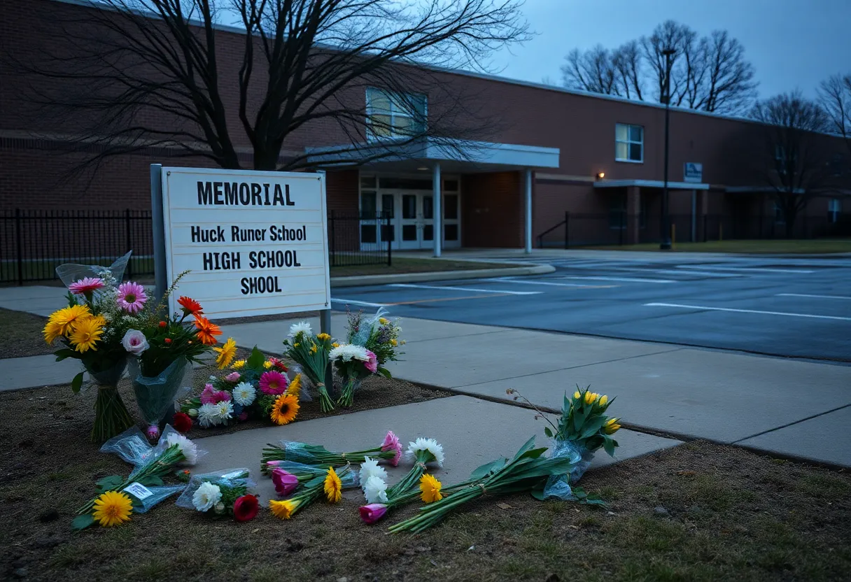 Memorial with flowers outside Antioch High School