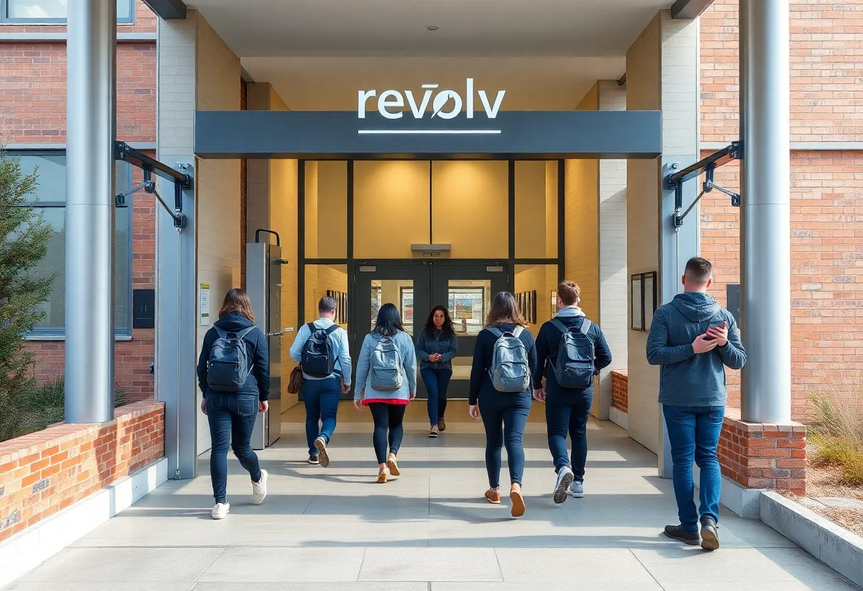 Students passing through Evolv weapons detection system at a school entrance.
