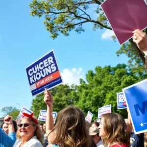 Campaign rally for Monty Fritts with supporters holding signs