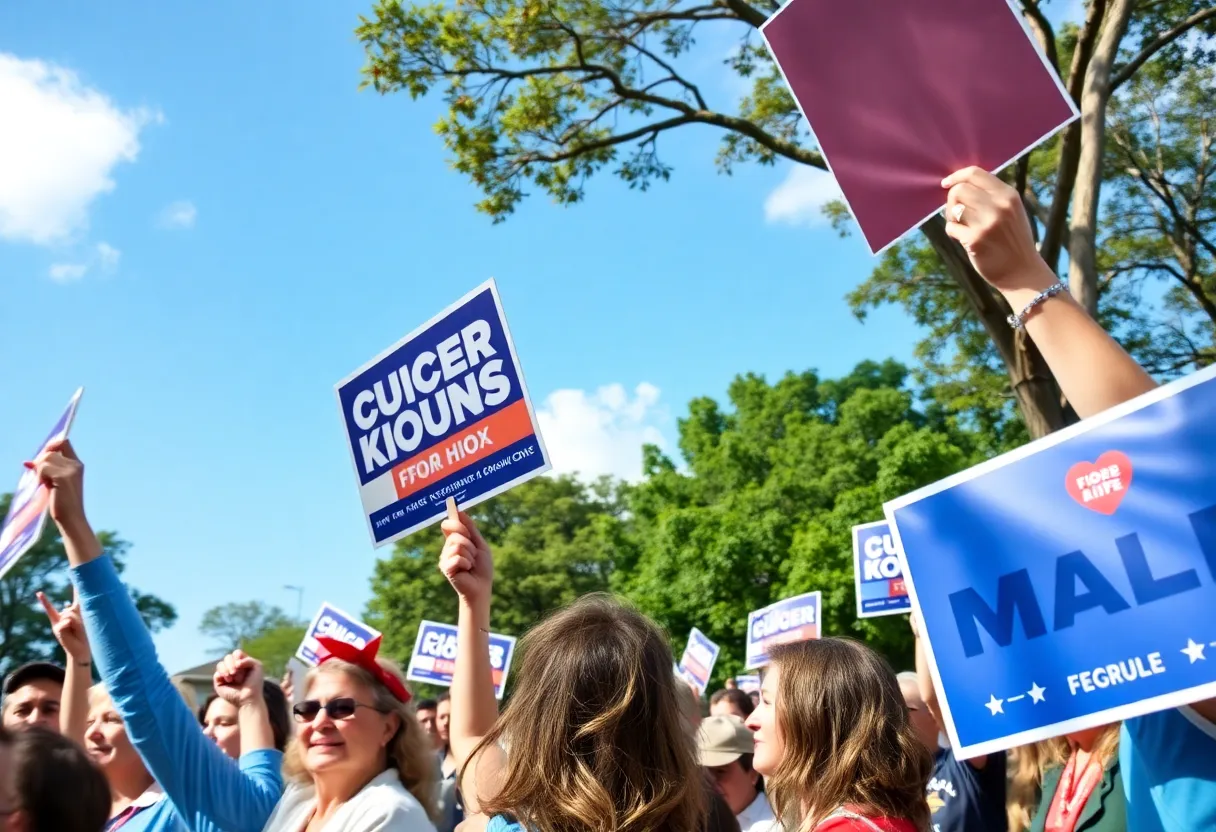 Campaign rally for Monty Fritts with supporters holding signs