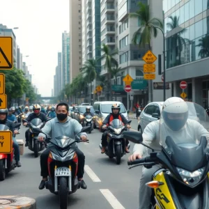 Illustration of urban motorcycle traffic emphasizing safety awareness.