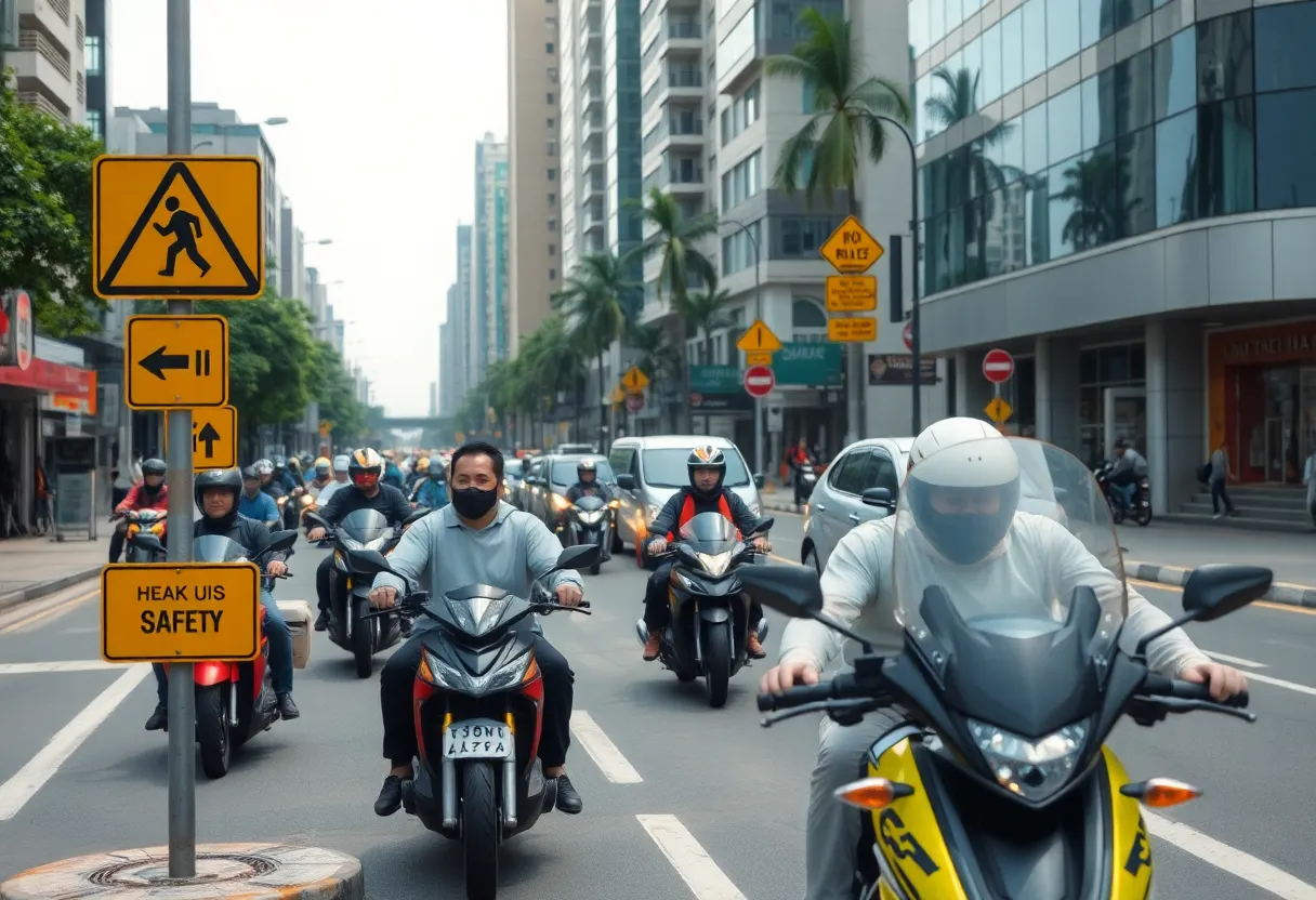Illustration of urban motorcycle traffic emphasizing safety awareness.