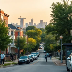 Street view of mixed housing in Nashville with distant skyline and tree-lined residential blocks