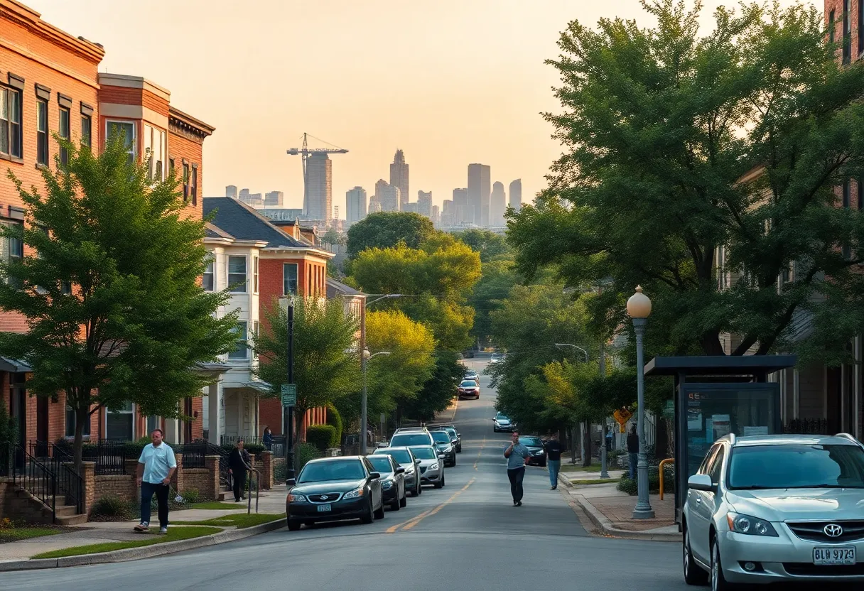 Street view of mixed housing in Nashville with distant skyline and tree-lined residential blocks