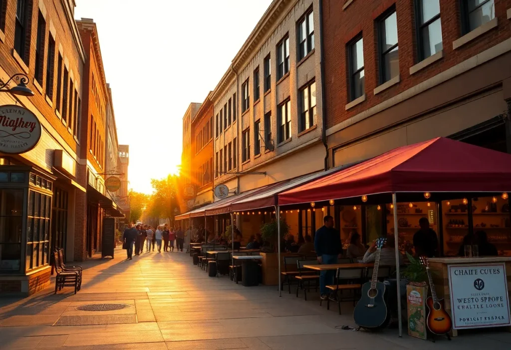 Nashville street with small businesses, café seating and a pop-up market evoking local entrepreneurship and bootstrapped startups