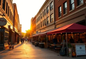 Nashville street with small businesses, café seating and a pop-up market evoking local entrepreneurship and bootstrapped startups
