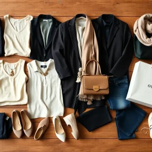 Flat lay of capsule wardrobe pieces and outlet shopping bag at Tanger Outlets Nashville