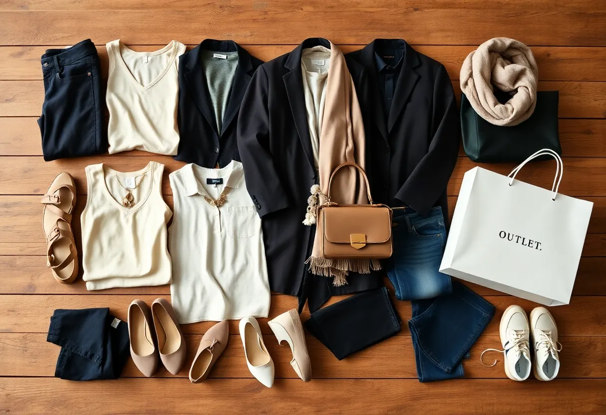 Flat lay of capsule wardrobe pieces and outlet shopping bag at Tanger Outlets Nashville
