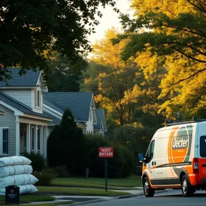 Nashville neighborhood with homes showing solar panels and stacked attic insulation, representing local energy efficiency programs