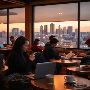 Adult learners using laptops in a cozy café with Nashville skyline at dusk, studying between shifts and gigs