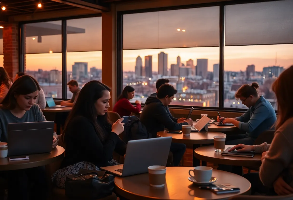 Adult learners using laptops in a cozy café with Nashville skyline at dusk, studying between shifts and gigs